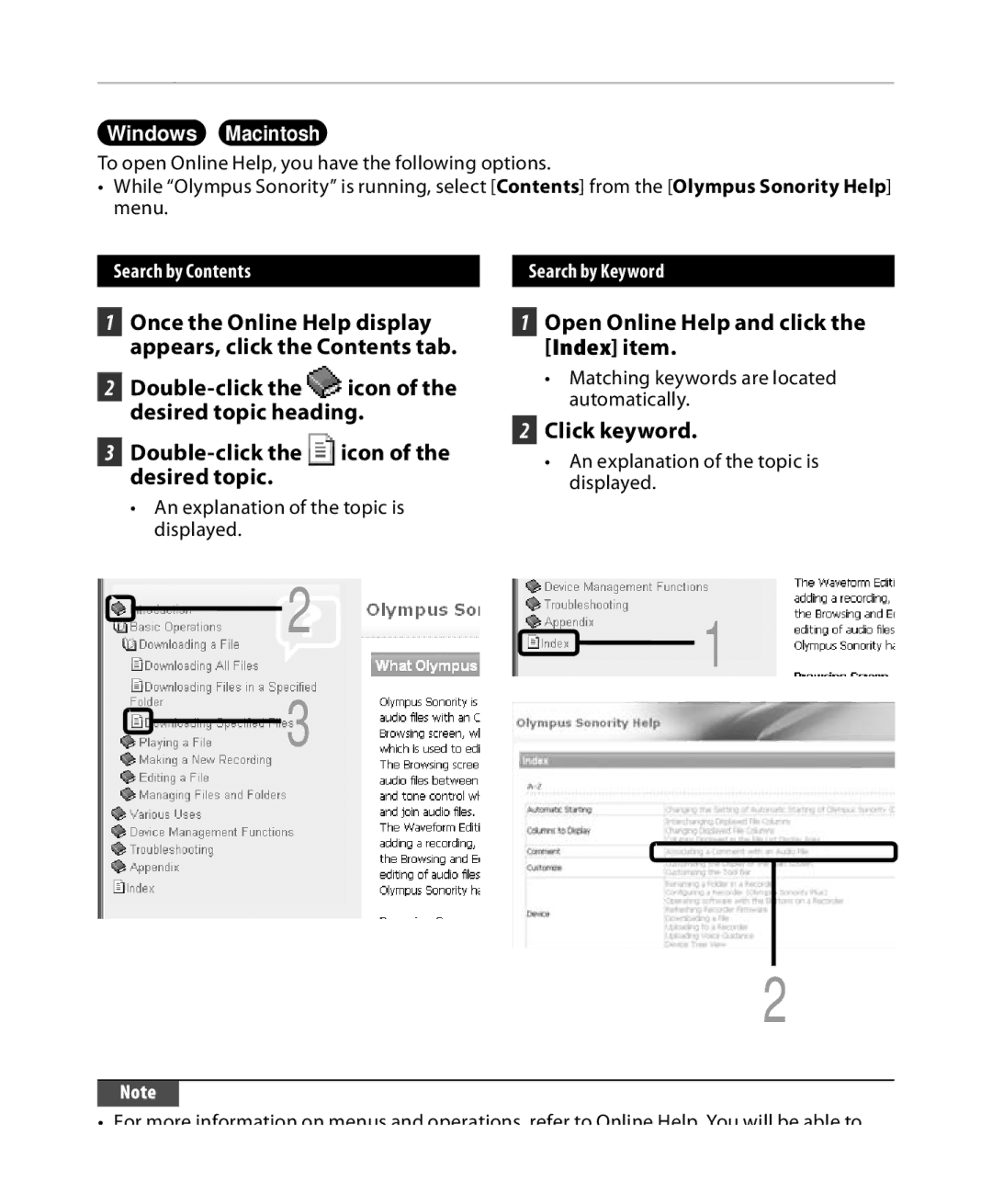 Olympus DM-3, DM-5 manual Double-click, Desired topic heading, Open Online Help and click the Index item, Click keyword 