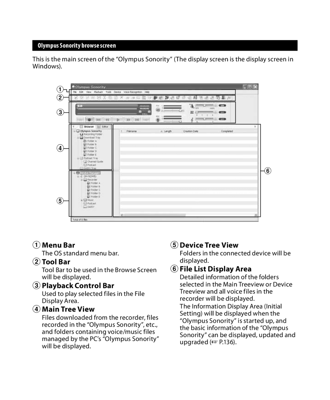 Olympus DM-3 1Menu Bar, 2Tool Bar, 3Playback Control Bar, 4Main Tree View, 5Device Tree View, 6File List Display Area 