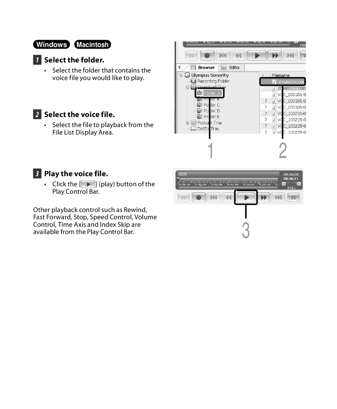 Olympus DM-3, DM-5 manual Play the voice file, Select the file to playback from File List Display Area 