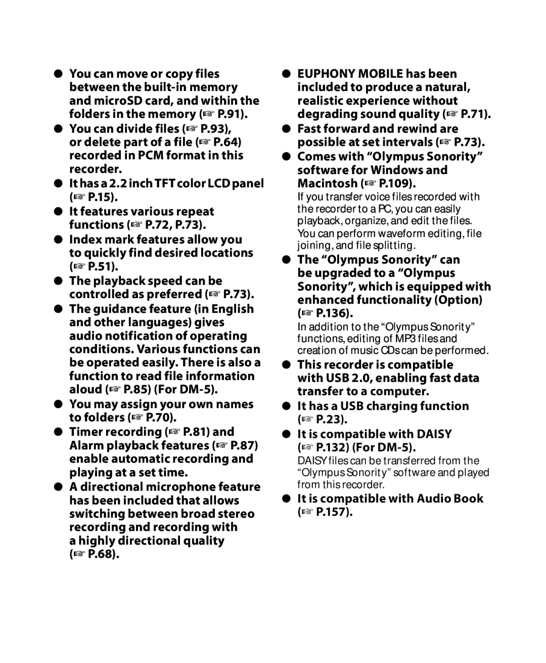 Olympus DM-5, DM-3 manual You may assign your own names to folders P.70, Highly directional quality P.68 