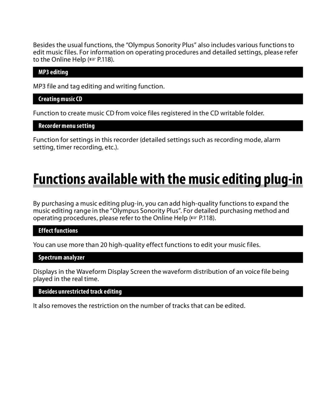 Olympus DM-5, DM-3 manual MP3 editing, Creating music CD, Recorder menu setting, Effect functions, Spectrum analyzer 