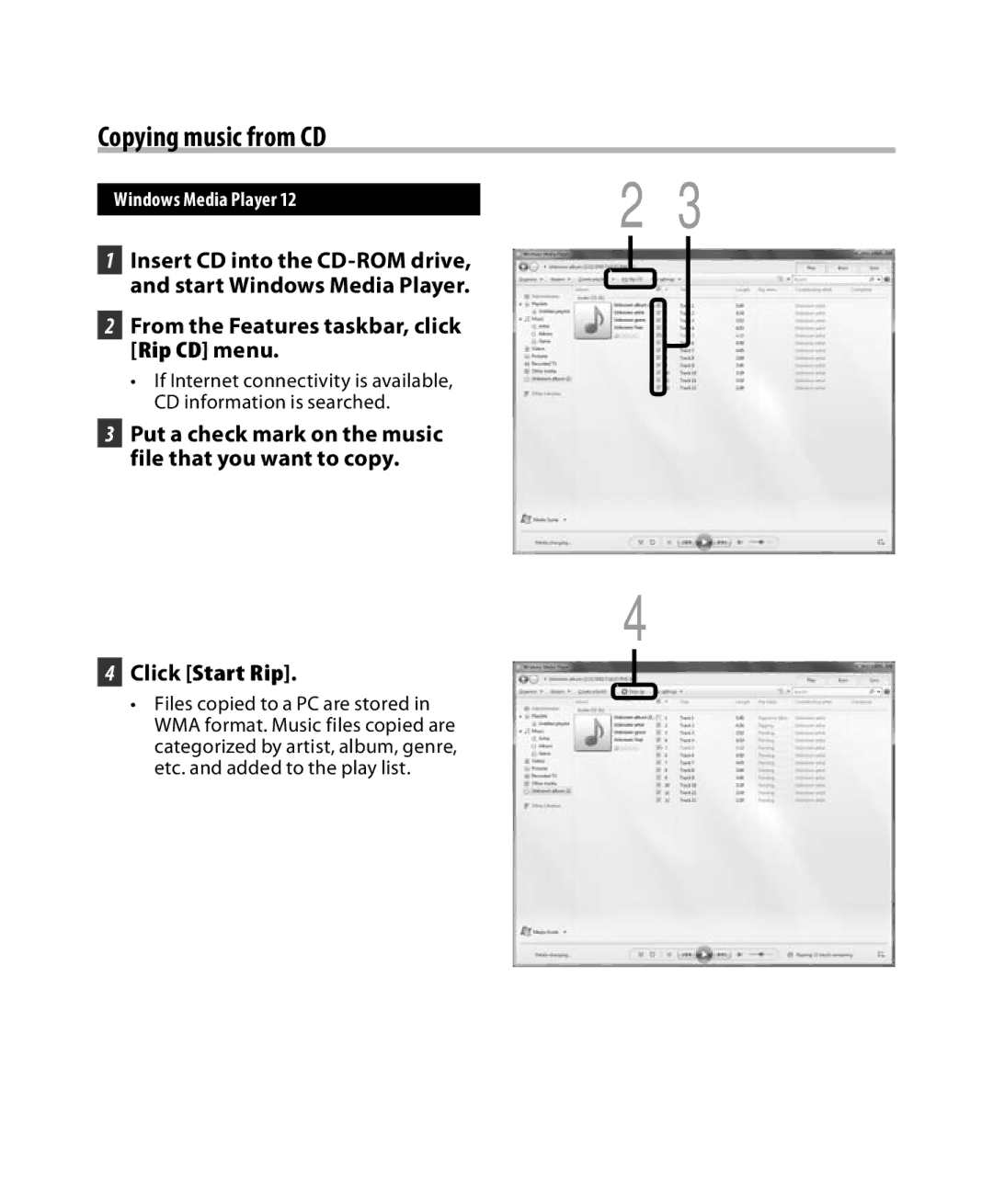 Olympus DM-5, DM-3 manual Copying music from CD, From the Features taskbar, click Rip CD menu, Click Start Rip 