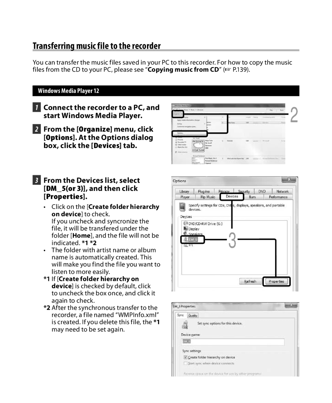 Olympus DM-5, DM-3 Transferring music file to the recorder, Connect the recorder to a PC, and start Windows Media Player 