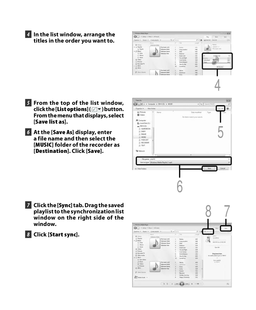 Olympus DM-5, DM-3 manual List window, arrange the titles in the order you want to 