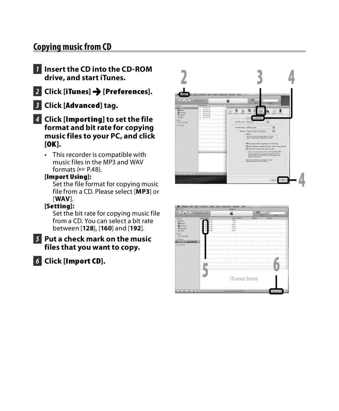 Olympus DM-5, DM-3 manual Import Using, Setting, Put a check mark on the music files that you want to copy 