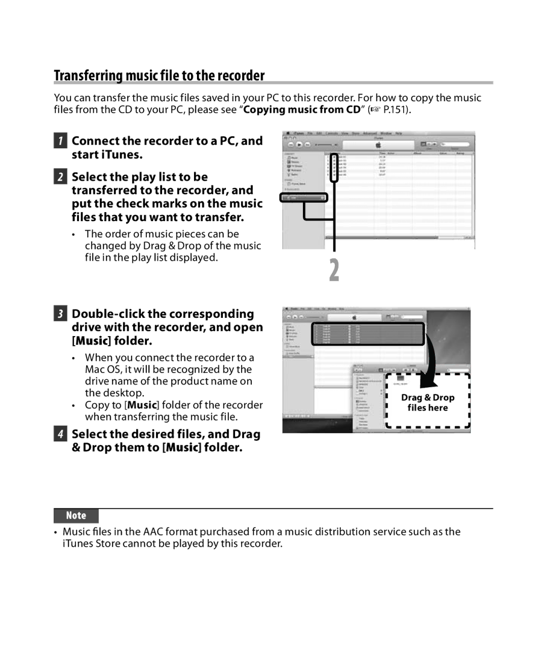Olympus DM-3, DM-5 manual Connect the recorder to a PC, and start iTunes, Drag & Drop Files here 