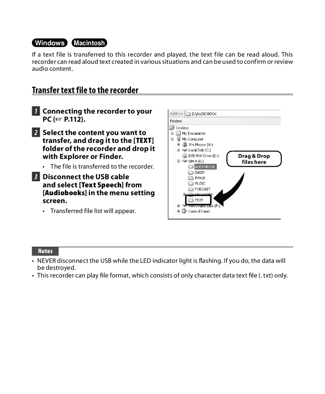 Olympus DM-3, DM-5 manual Transfer text file to the recorder, Connecting the recorder to your PC P.112 