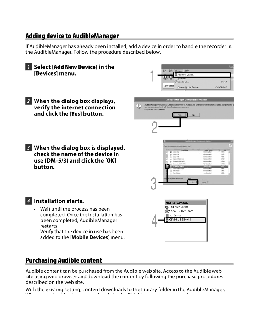 Olympus DM-3, DM-5 Adding device to AudibleManager, Purchasing Audible content, Select Add New Device in the Devices menu 