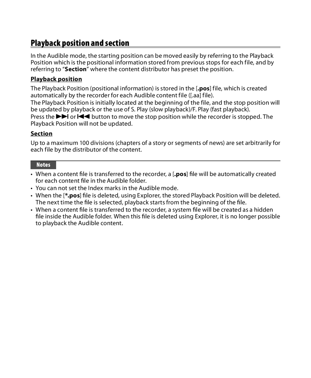 Olympus DM-5, DM-3 manual Playback position and section, Section 