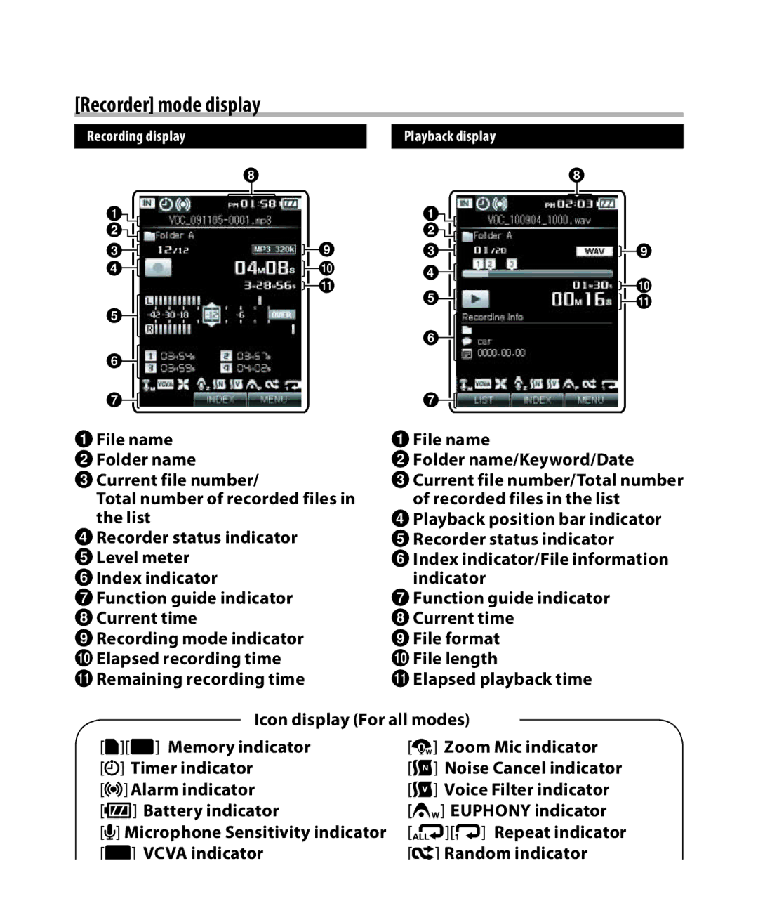 Olympus DM-5, DM-3 Recorder mode display, Recorded files in the list, Repeat indicator, Vcva indicator Random indicator 