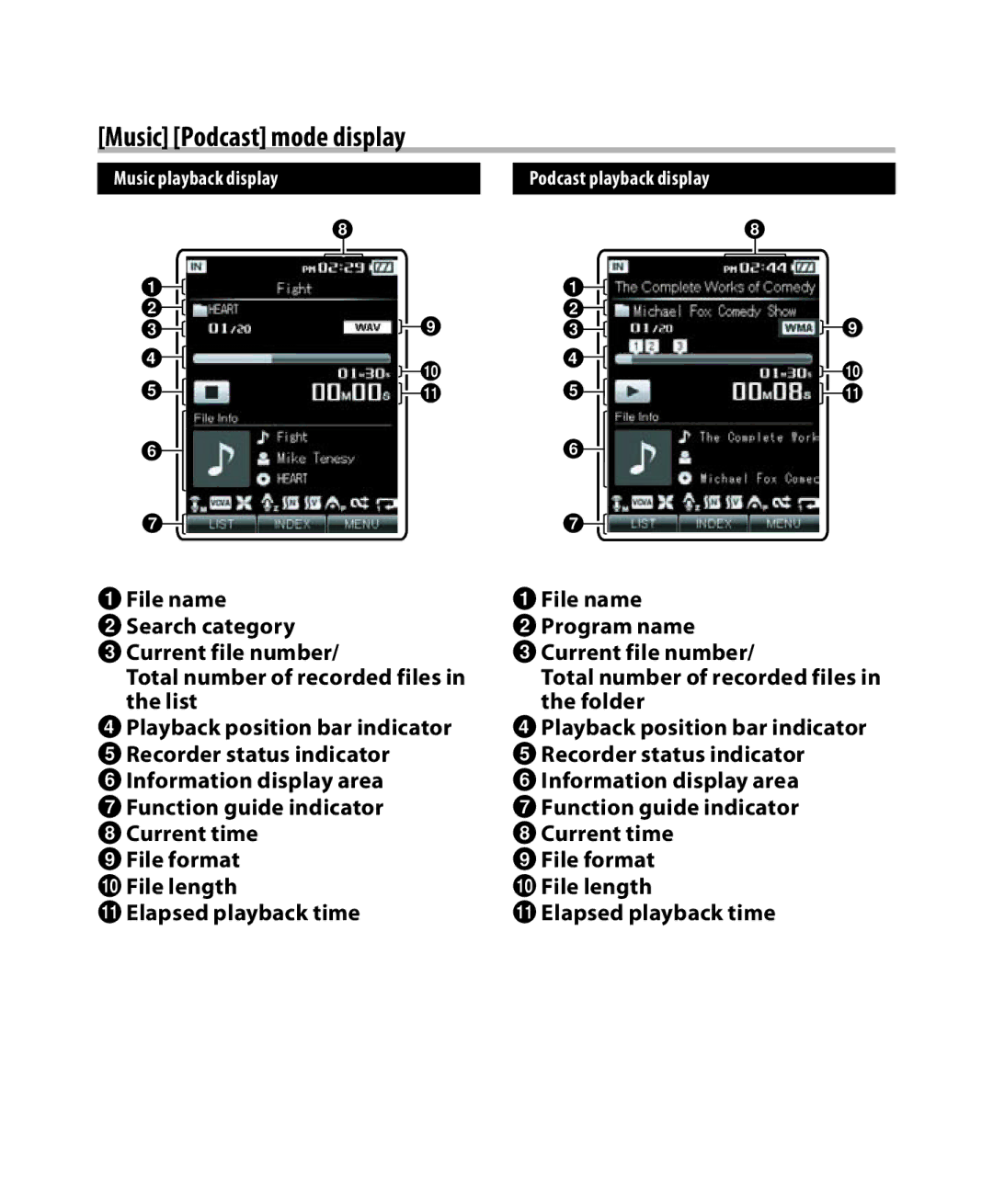 Olympus DM-3, DM-5 manual Music Podcast mode display, Podcast playback display 