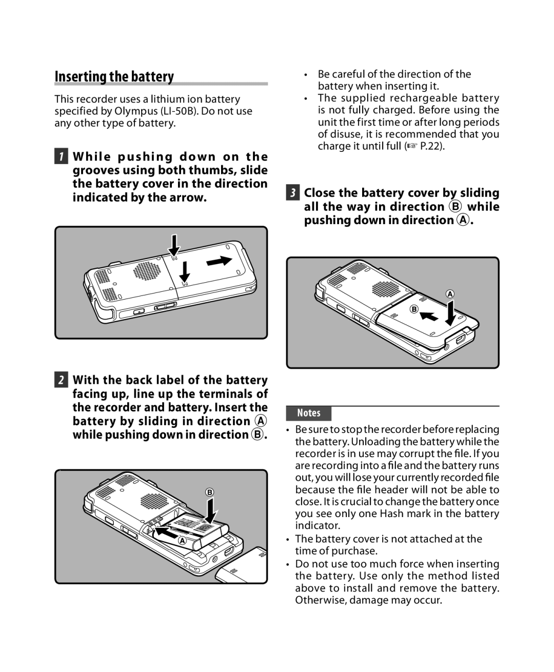 Olympus DM-5, DM-3 manual Inserting the battery, Battery cover is not attached at the time of purchase 