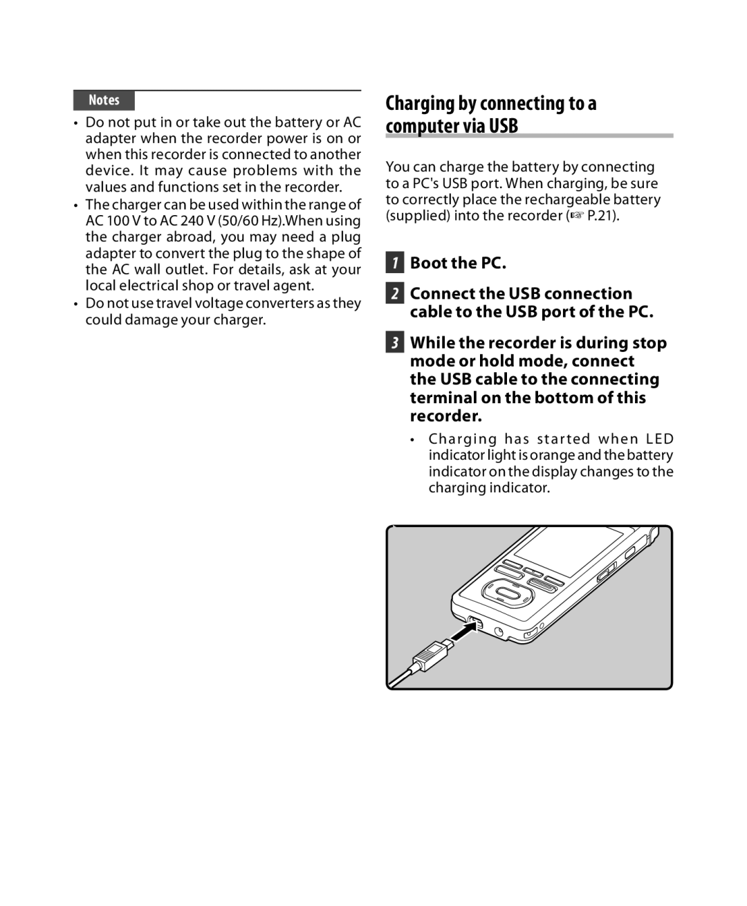 Olympus DM-5, DM-3 manual Charging by connecting to a computer via USB, Boot the PC 