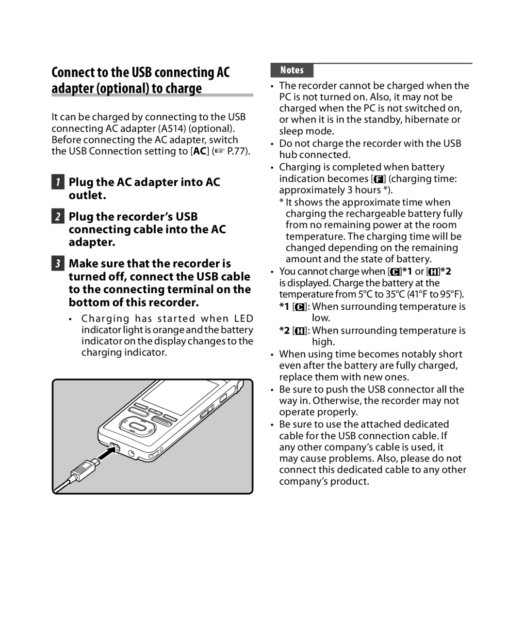 Olympus DM-3, DM-5 manual Connect to the USB connecting AC adapter optional to charge 