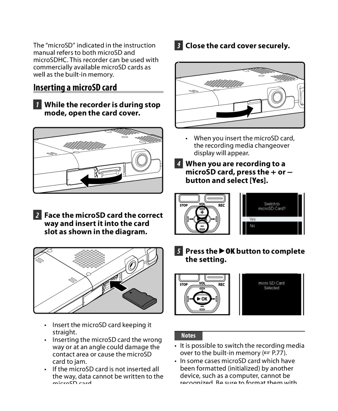 Olympus DM-3, DM-5 Inserting a microSD card, Close the card cover securely, Press the `OK button to complete the setting 