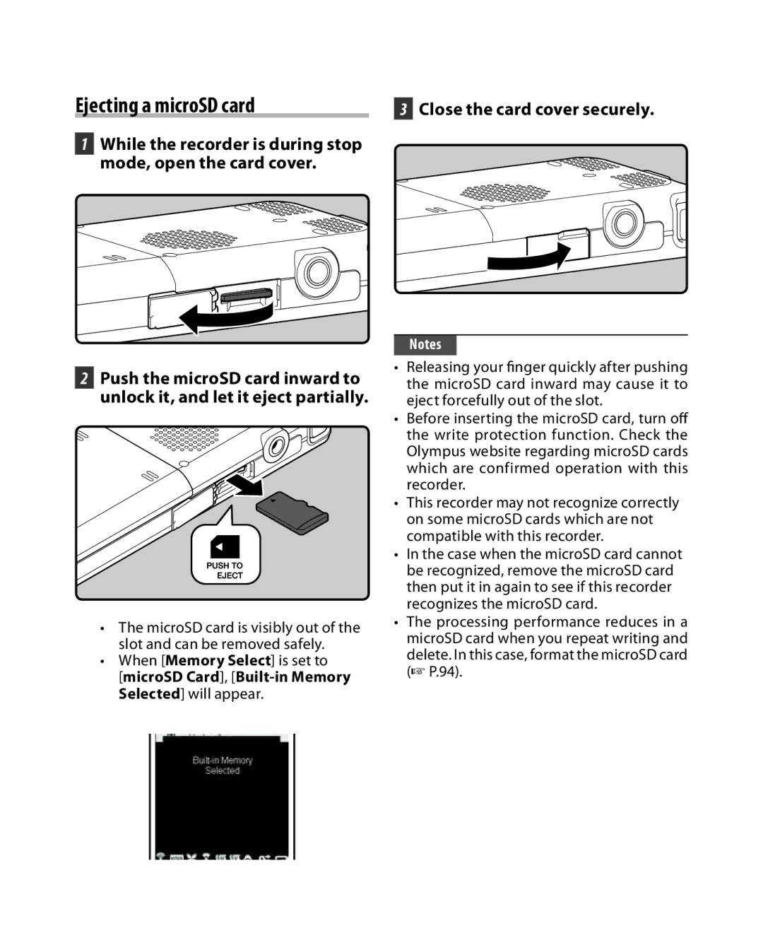 Olympus DM-5 Ejecting a microSD card, When Memory Select is set to, MicroSD Card, Built-in Memory Selected will appear 