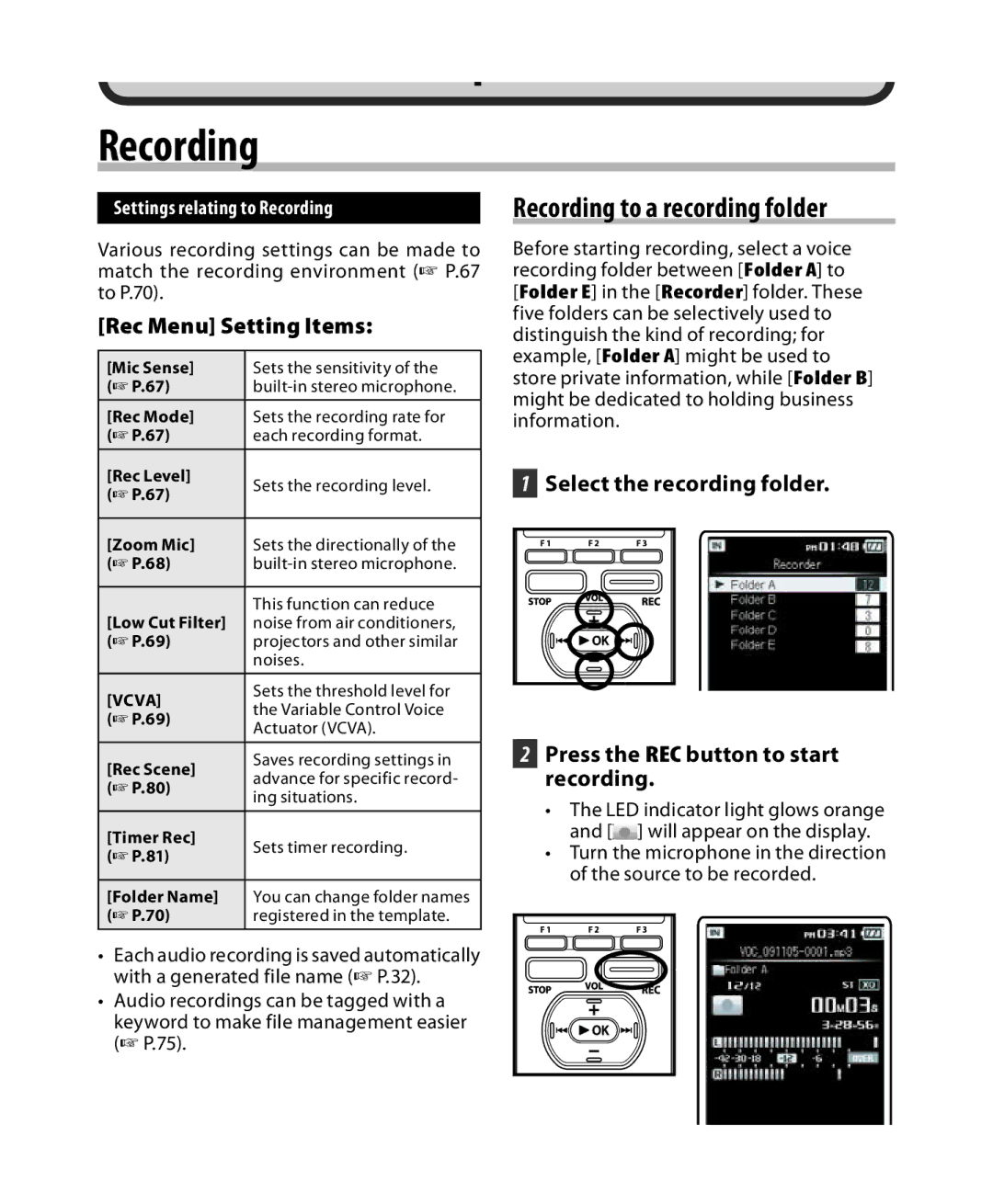 Olympus DM-5, DM-3 manual Recording to a recording folder, Rec Menu Setting Items, Settings relating to Recording 