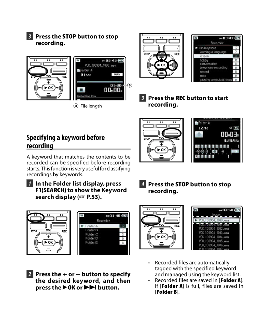 Olympus DM-3, DM-5 manual Specifying a keyword before recording, Press the Stop button to stop recording 