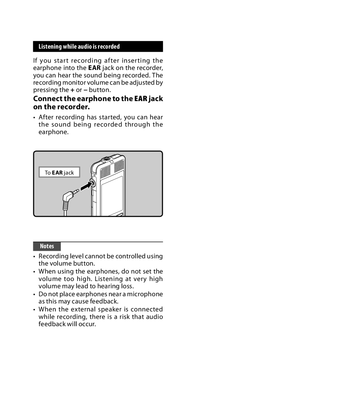 Olympus DM-3, DM-5 manual Connect the earphone to the EAR jack on the recorder, Listening while audio is recorded 