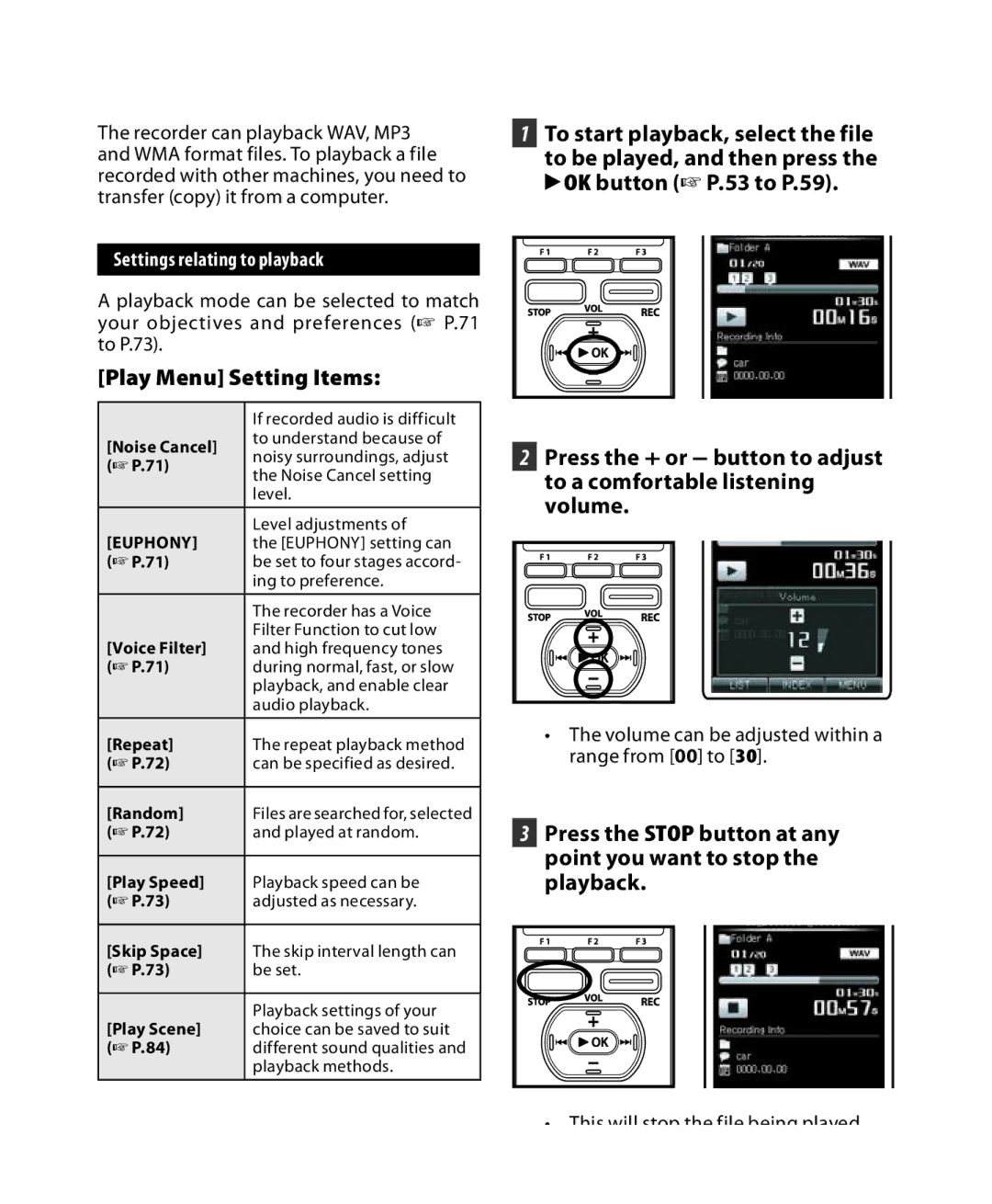 Olympus DM-3 Play Menu Setting Items, Settings relating to playback, Volume can be adjusted within a range from 00 to 