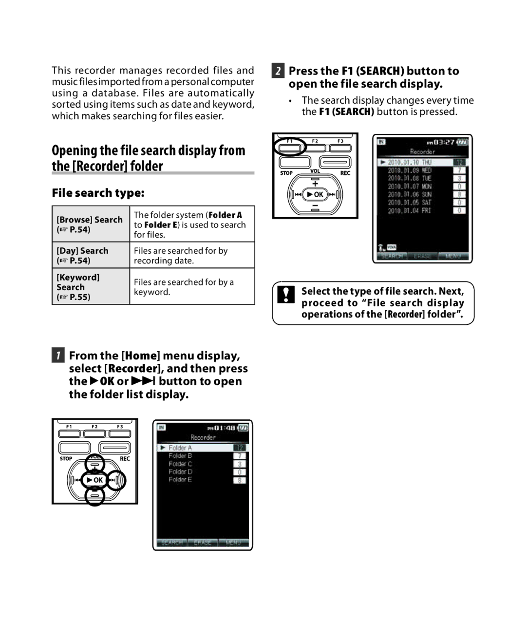 Olympus DM-5, DM-3 manual Opening the file search display from the Recorder folder, File search type 