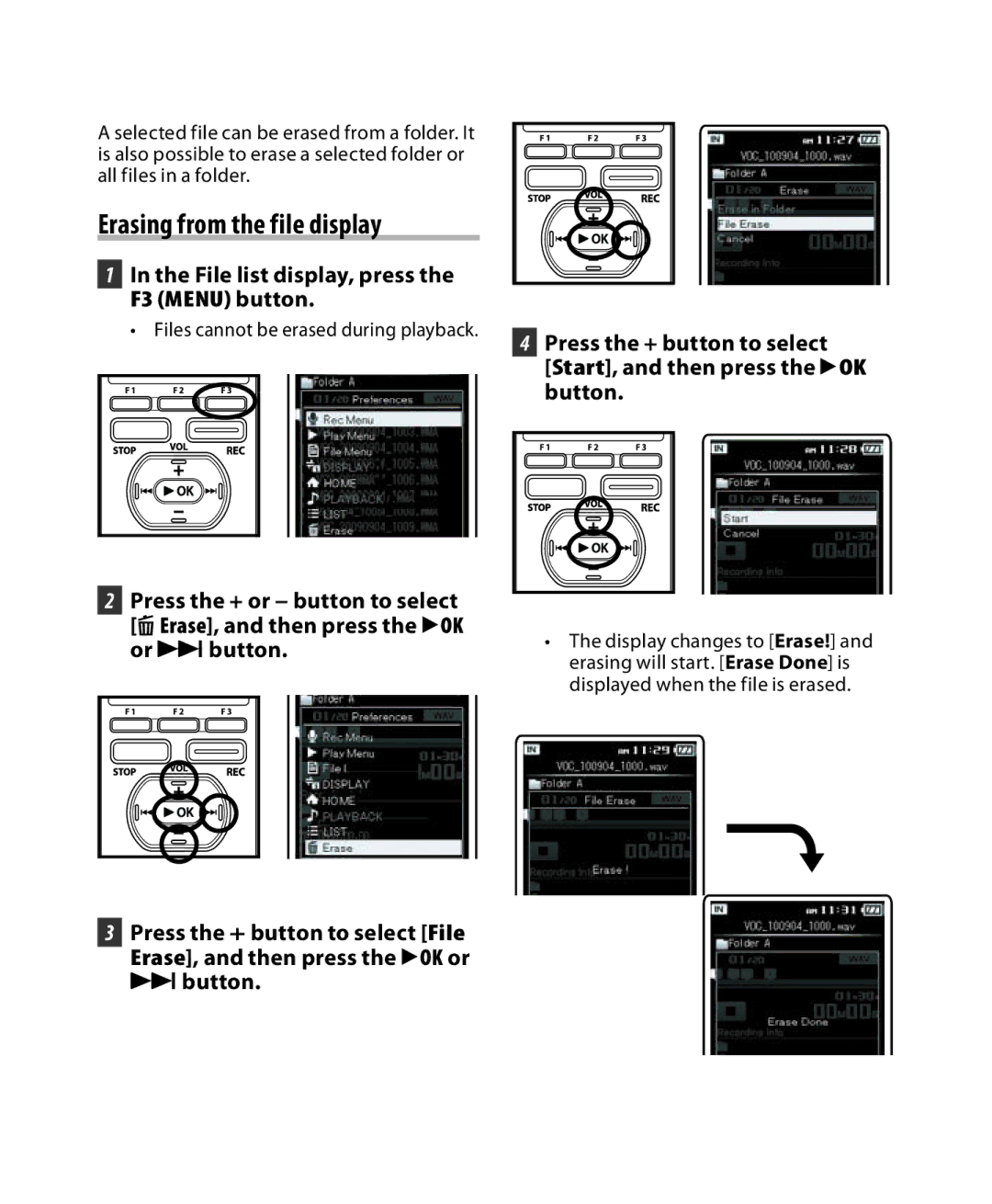 Olympus DM-3, DM-5 manual Erasing from the file display, File list display, press the F3 Menu button 