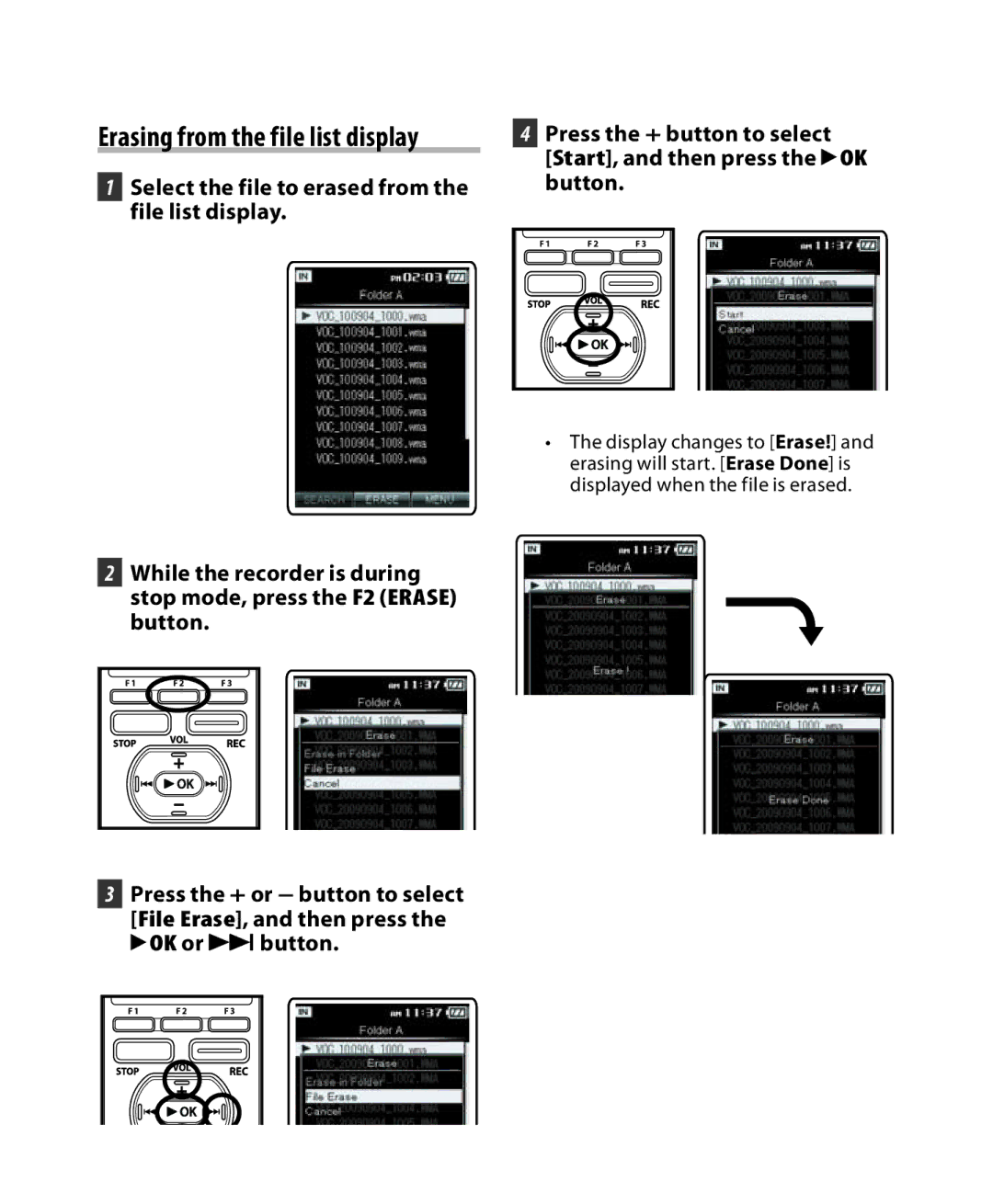 Olympus DM-5, DM-3 manual Erasing from the file list display 