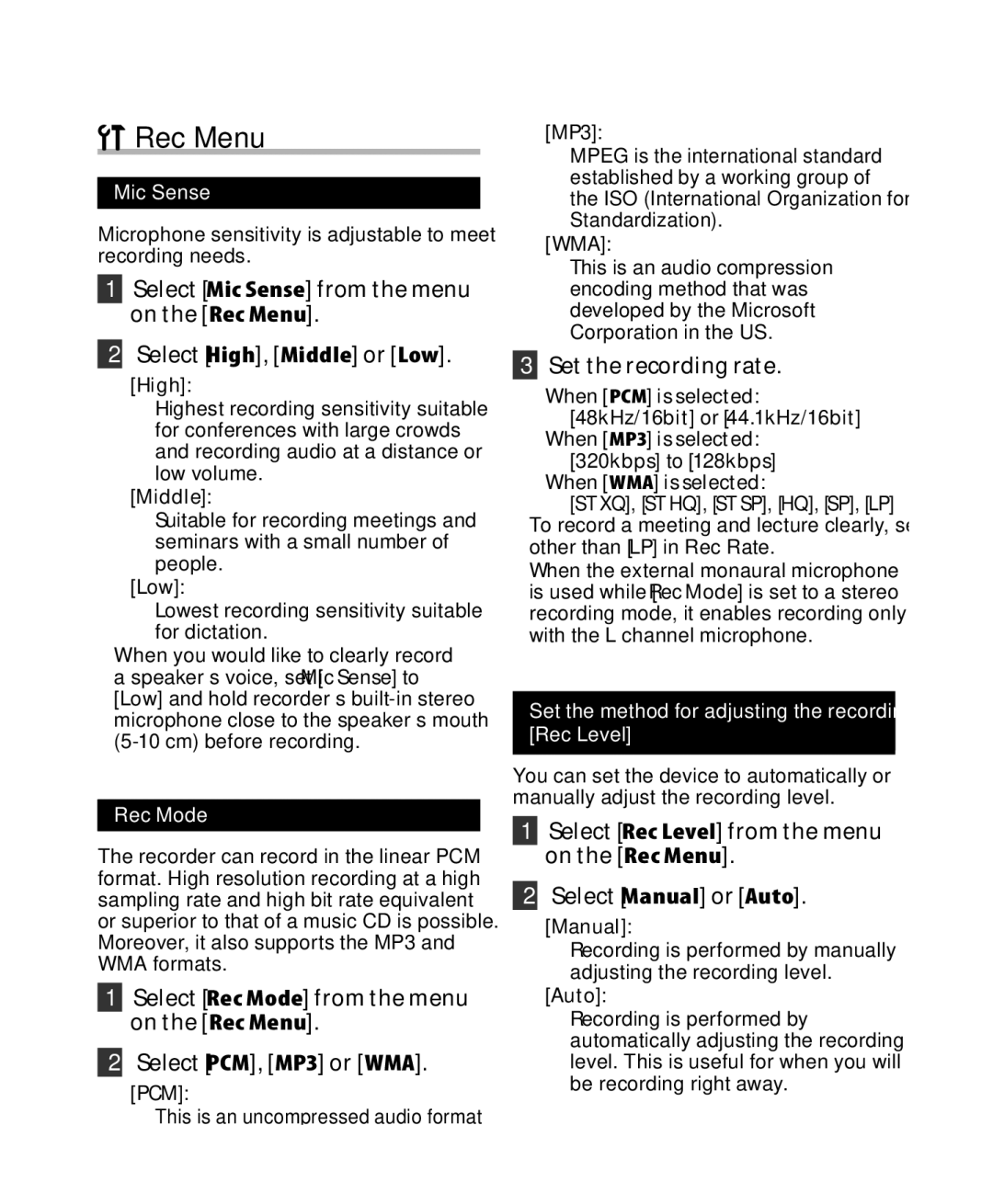 Olympus DM-5, DM-3 manual Rec Menu, Set the recording rate, Mic Sense, Rec Mode 