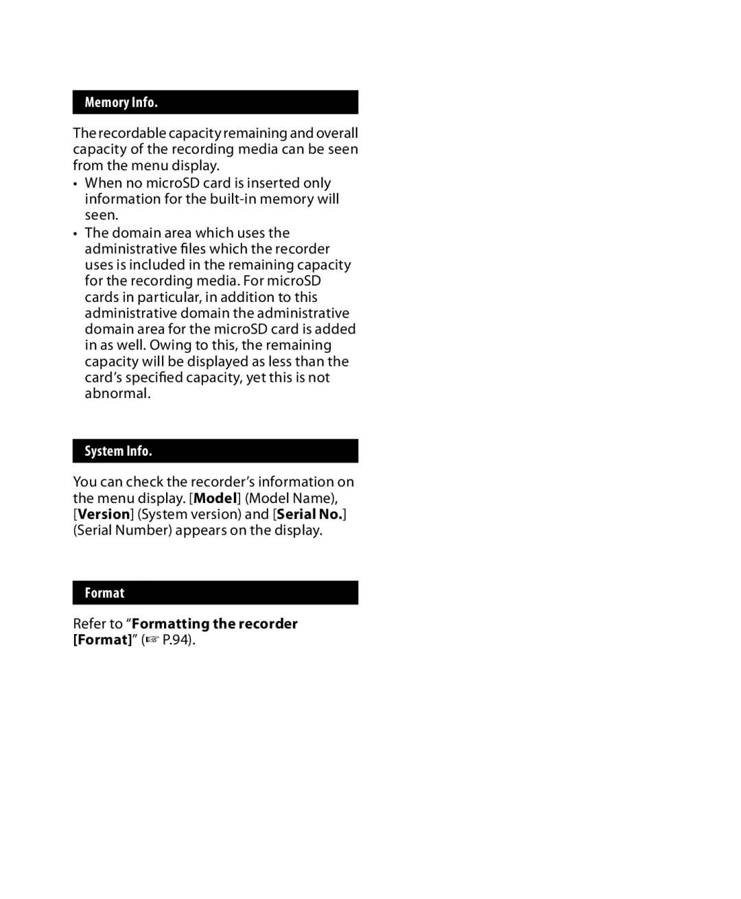 Olympus DM-5, DM-3 manual Memory Info, System Info, Refer to Formatting the recorder Format P.94 