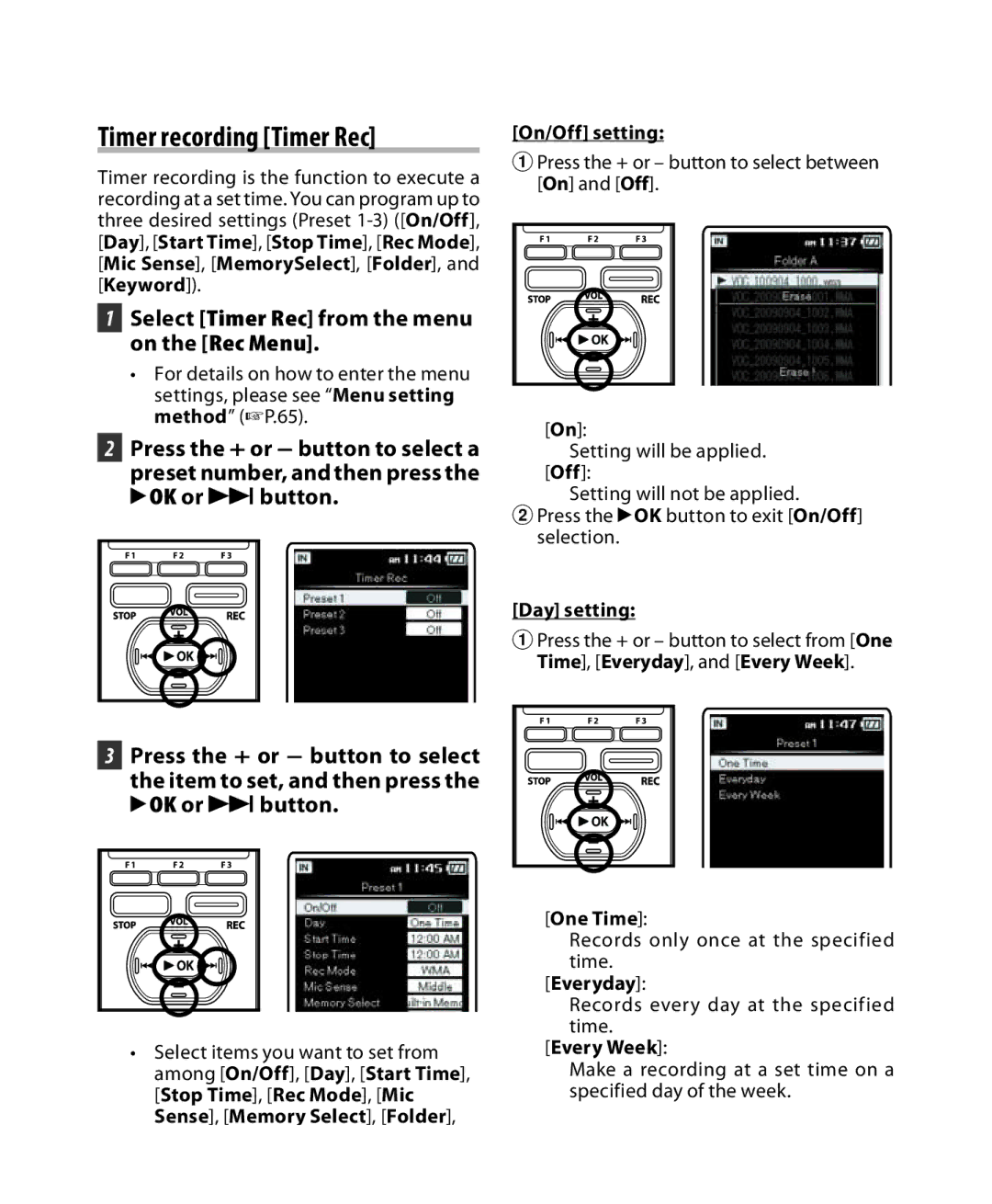 Olympus DM-5, DM-3 manual Timer recording Timer Rec, Select Timer Rec from the menu on the Rec Menu 