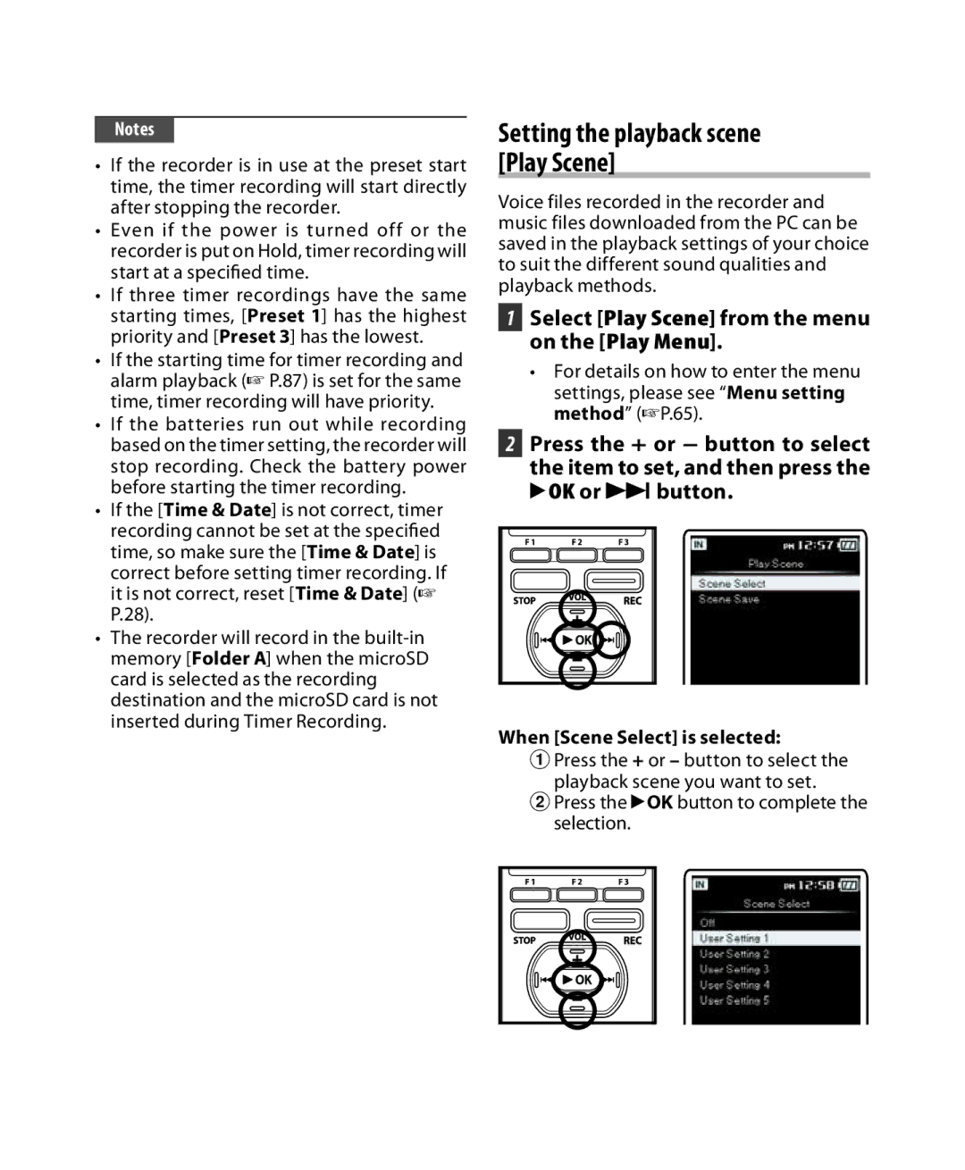 Olympus DM-3, DM-5 manual Setting the playback scene Play Scene, Select Play Scene from the menu on the Play Menu 