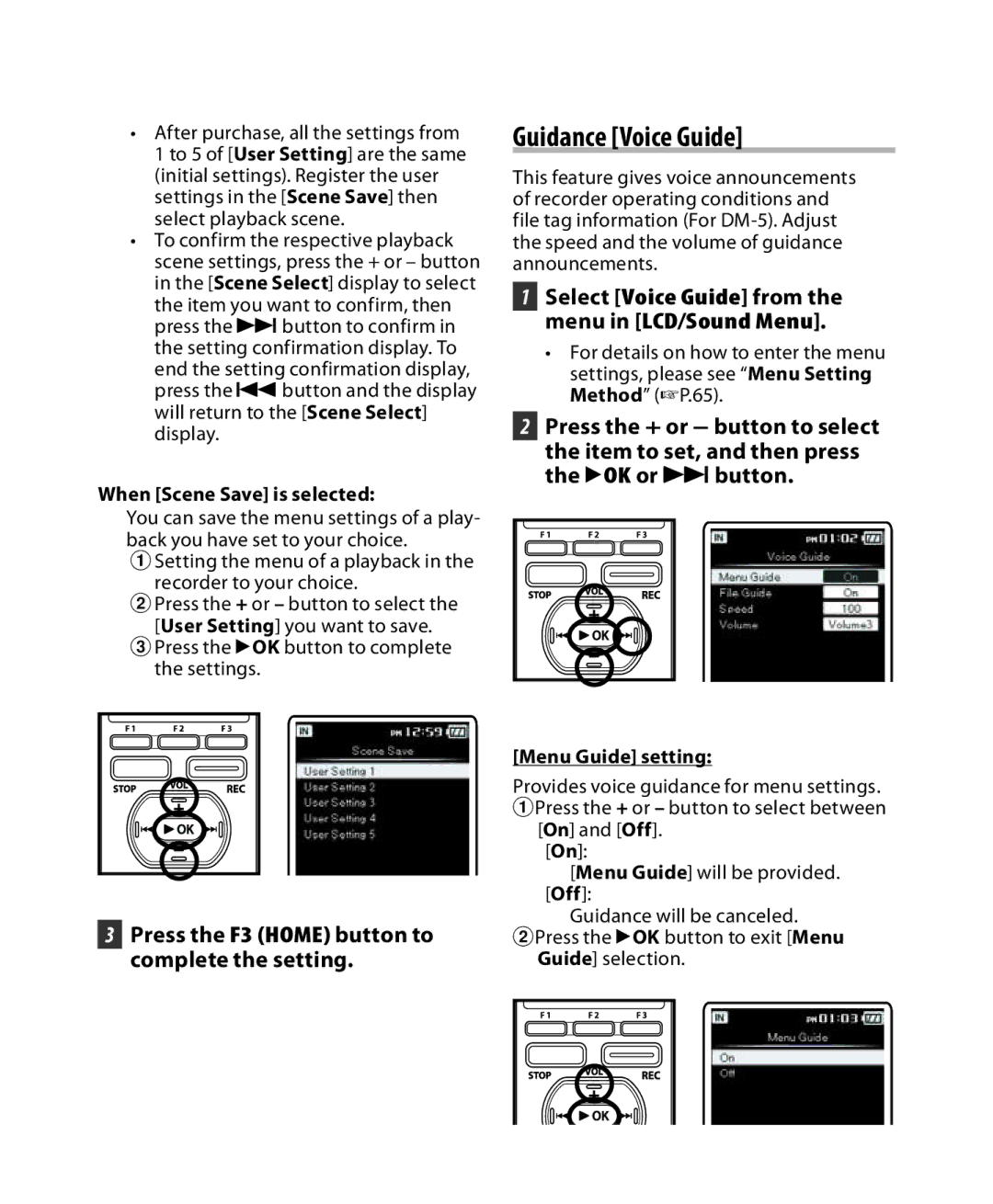 Olympus DM-5, DM-3 manual Guidance Voice Guide, Select Voice Guide from the menu in LCD/Sound Menu, Menu Guide setting 