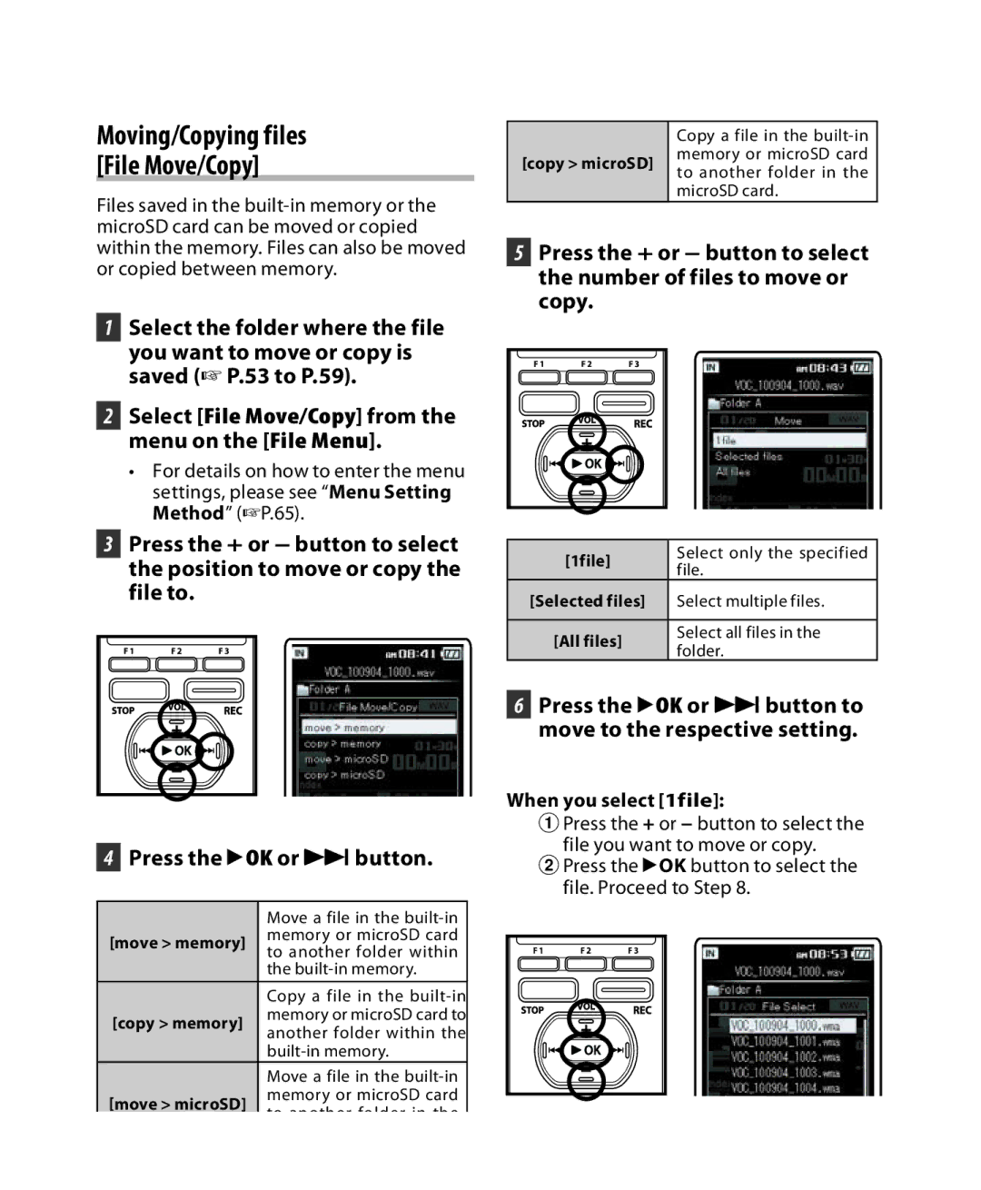 Olympus DM-5, DM-3 manual Moving/Copying files File Move/Copy, Press the `OK or 9button to move to the respective setting 