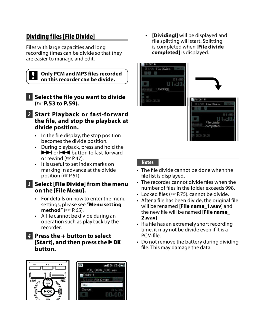 Olympus DM-5, DM-3 manual Dividing files File Divide, Select File Divide from the menu on the File Menu 