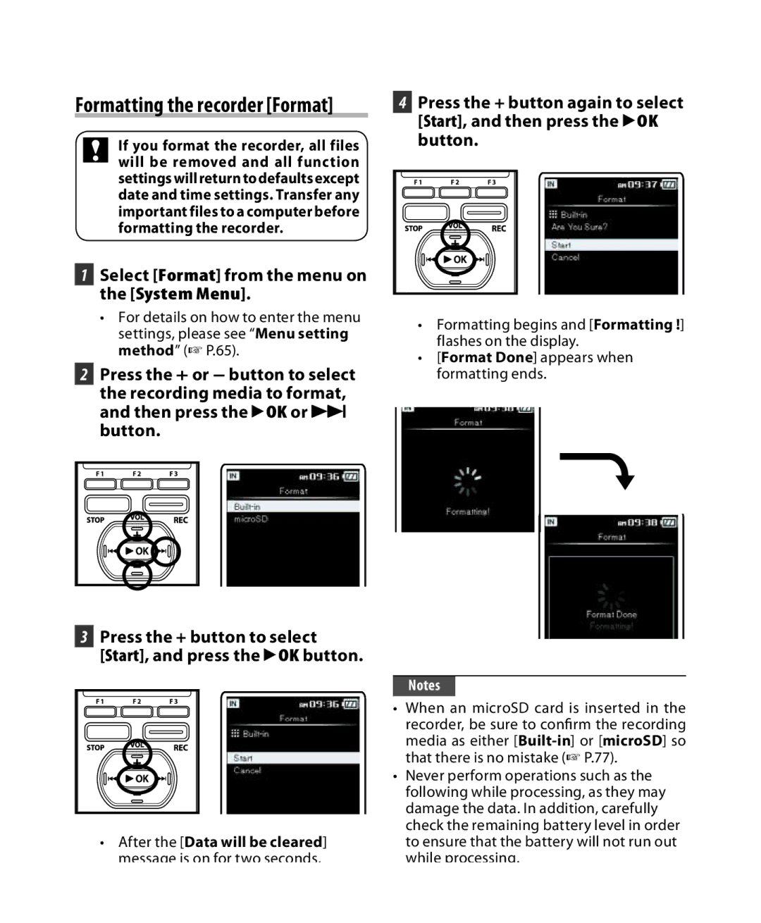 Olympus DM-3, DM-5 manual Formatting the recorder Format, Select Format from the menu on the System Menu 