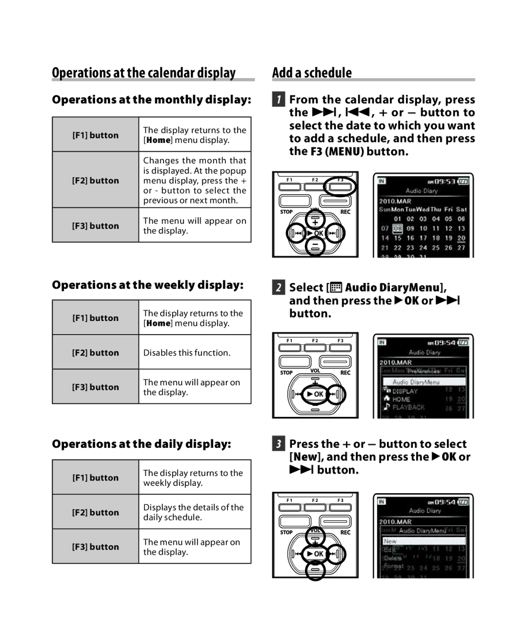 Olympus DM-5, DM-3 manual Add a schedule, Operations at the weekly display, Operations at the daily display 