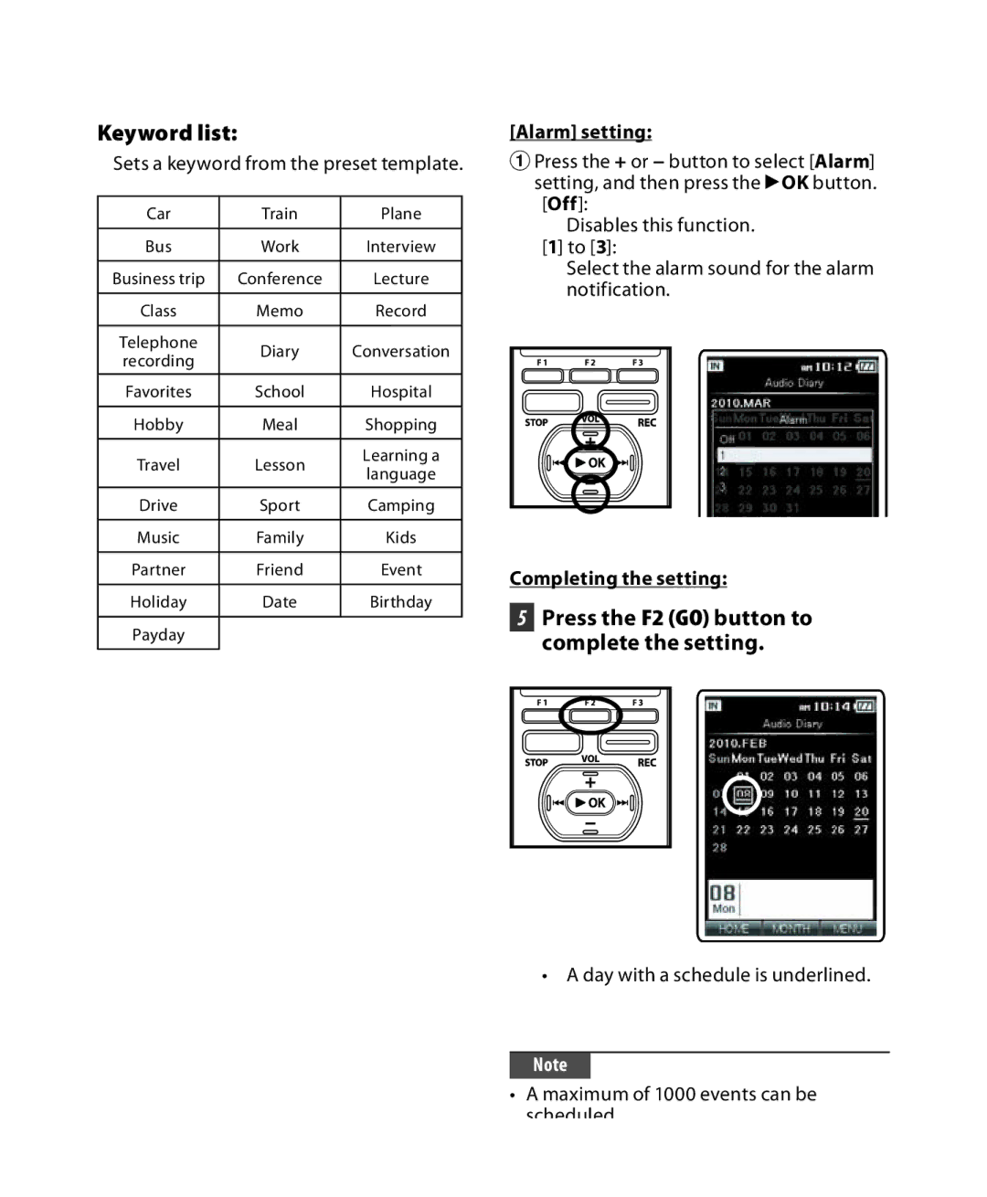 Olympus DM-5, DM-3 manual Keyword list, Alarm setting 