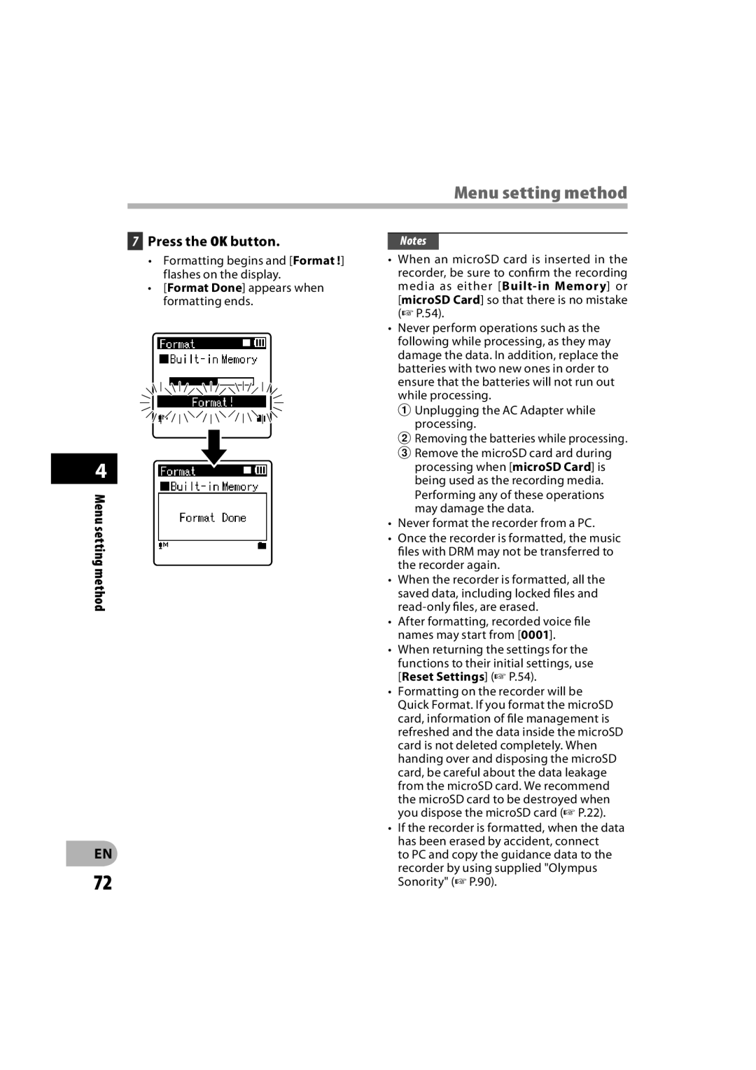 Olympus DM-550, DM-450 manual Menu setting method Press the OK button 