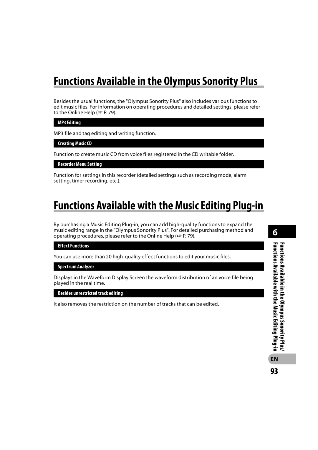 Olympus DM-450, DM-550 manual Functions Available with the Music Editing Plug-in 