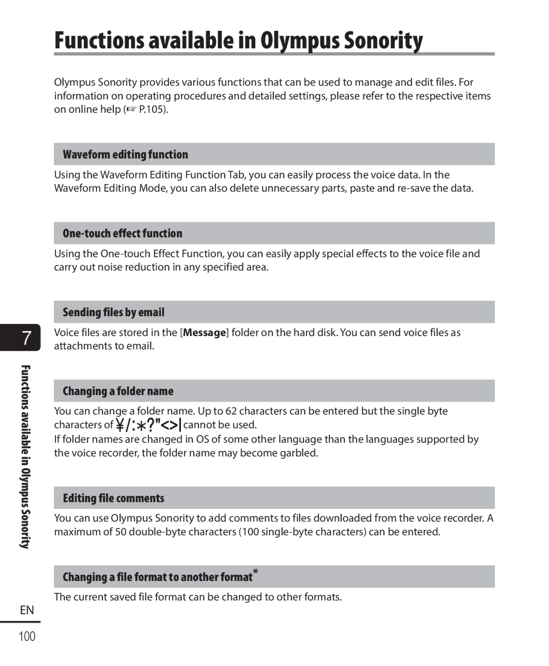 Olympus DM-901 user manual Functions available in Olympus Sonority 