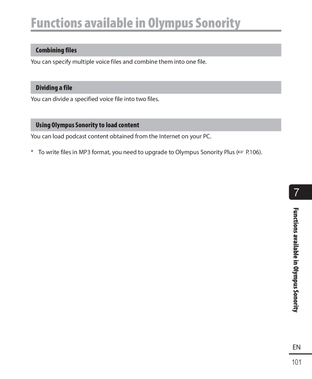 Olympus DM-901 user manual Functions available in Olympus Sonority, Combining files, Dividing a file 