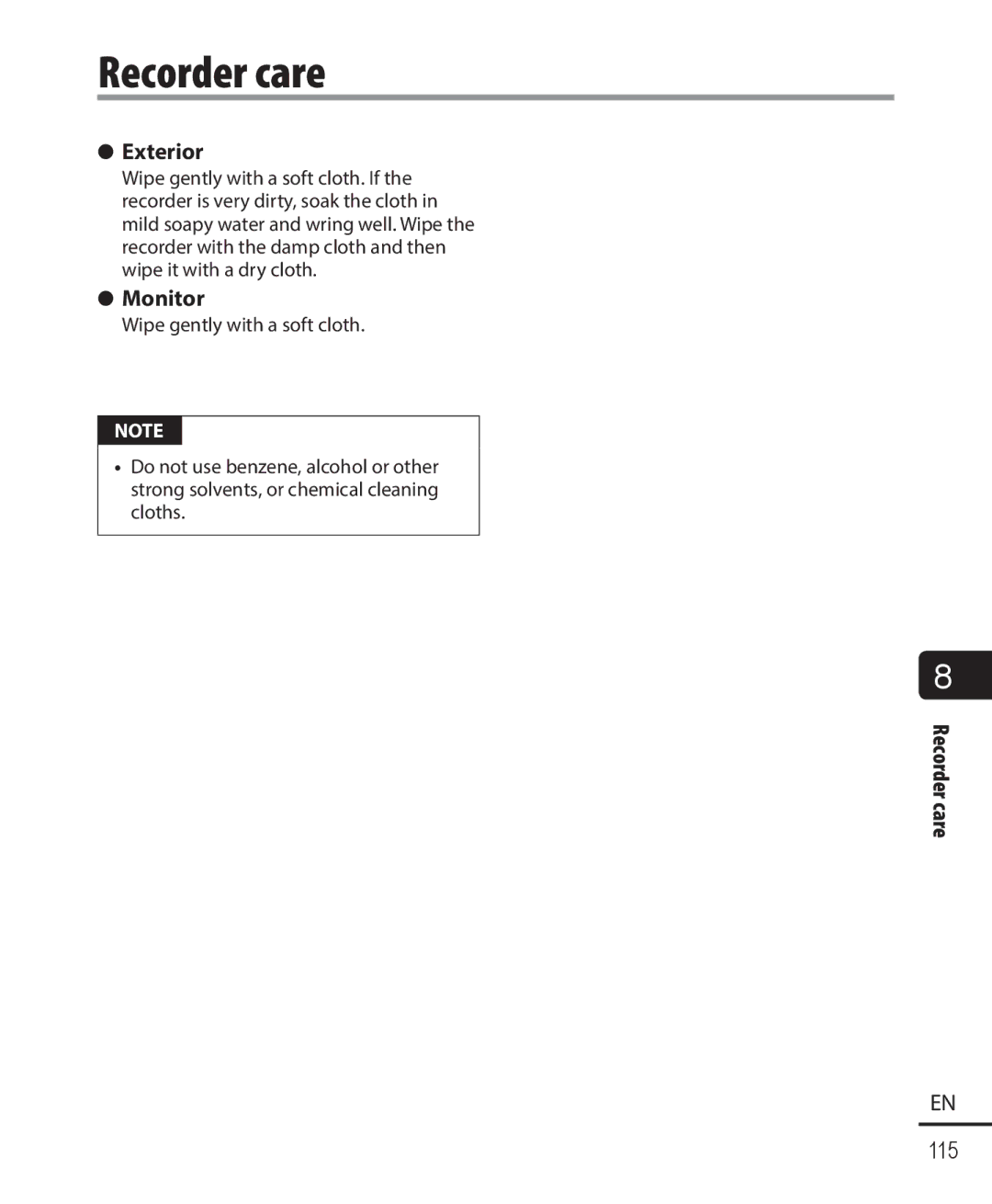 Olympus DM-901 user manual Recorder care, Exterior, Monitor 