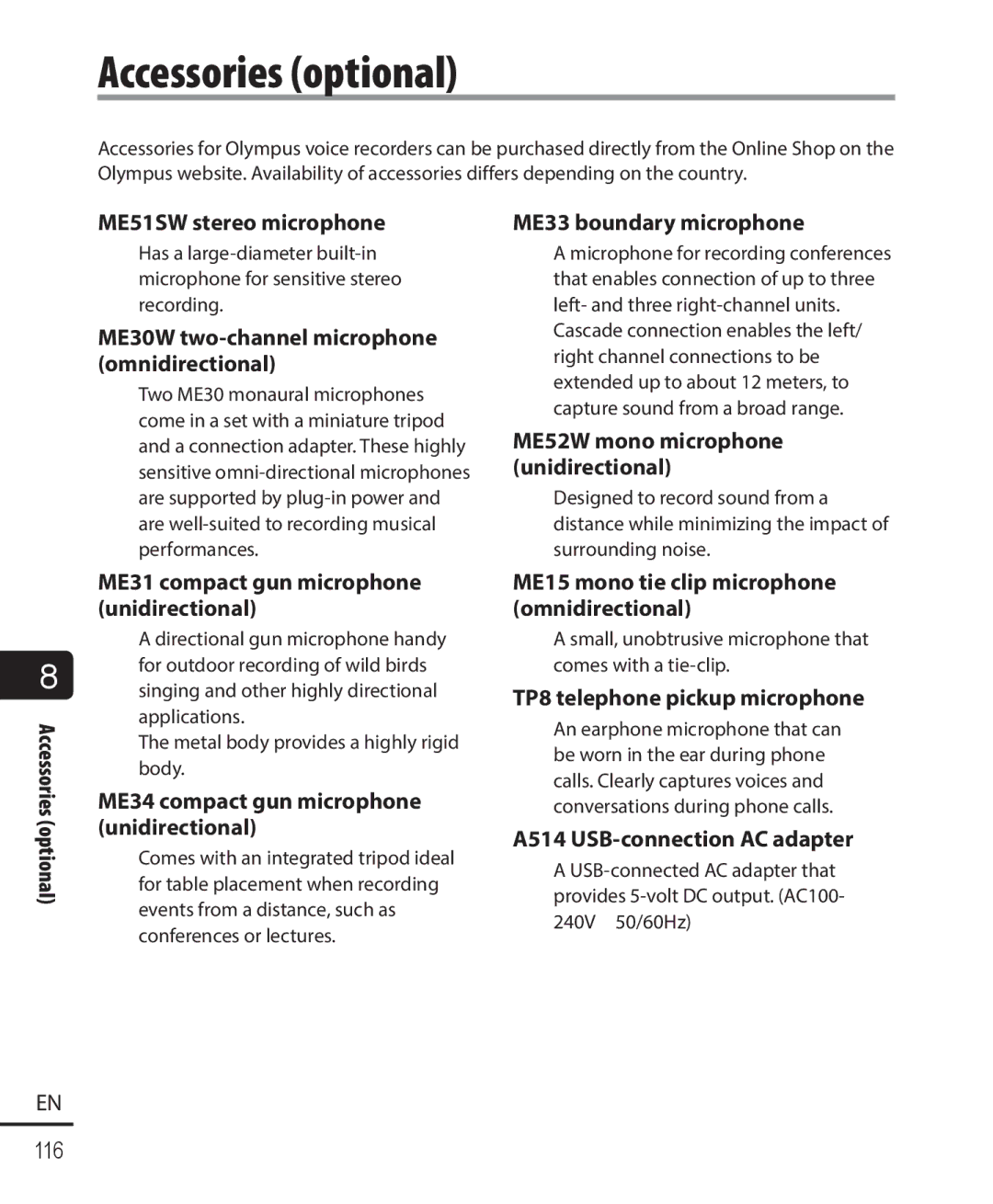 Olympus DM-901 user manual Accessories optional 