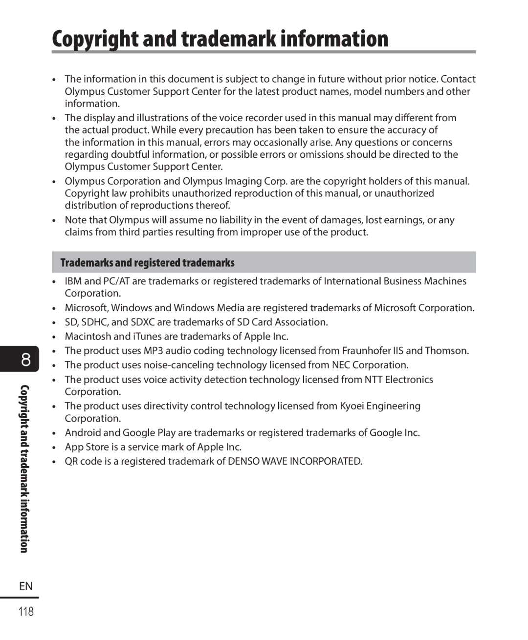 Olympus DM-901 user manual Copyright and trademark information, Trademarks and registered trademarks 