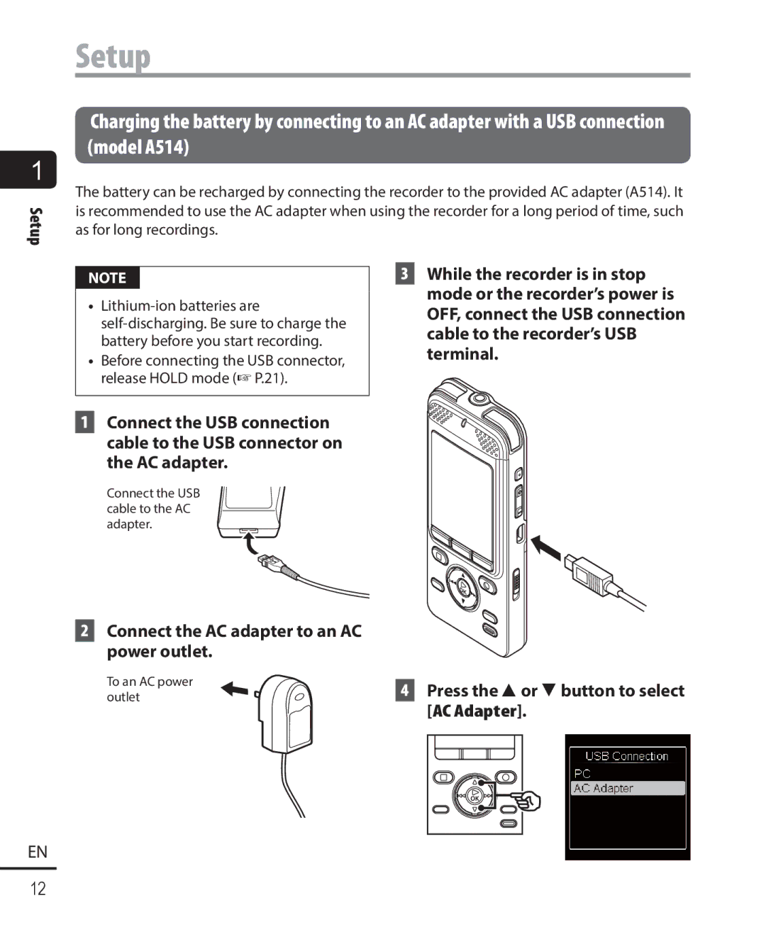 Olympus DM-901 user manual Press the 2or 3button to select AC Adapter 