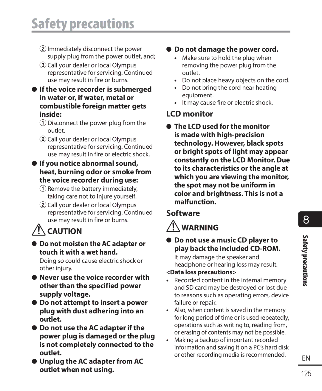 Olympus DM-901 LCD monitor, Software, Do not damage the power cord, Unplug the AC adapter from AC outlet when not using 