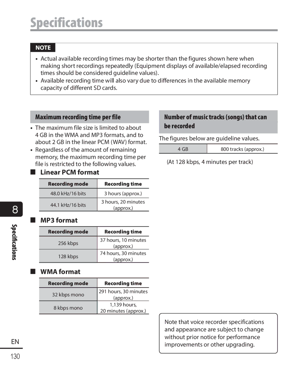 Olympus DM-901 user manual Maximum recording time per file, Number of music tracks songs that can be recorded 