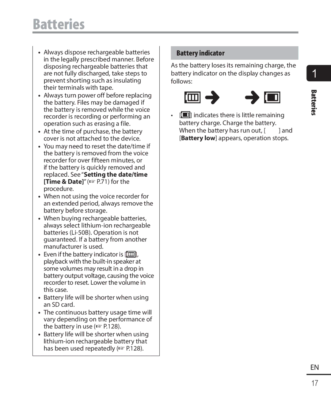 Olympus DM-901 user manual Batteries, Battery indicator 