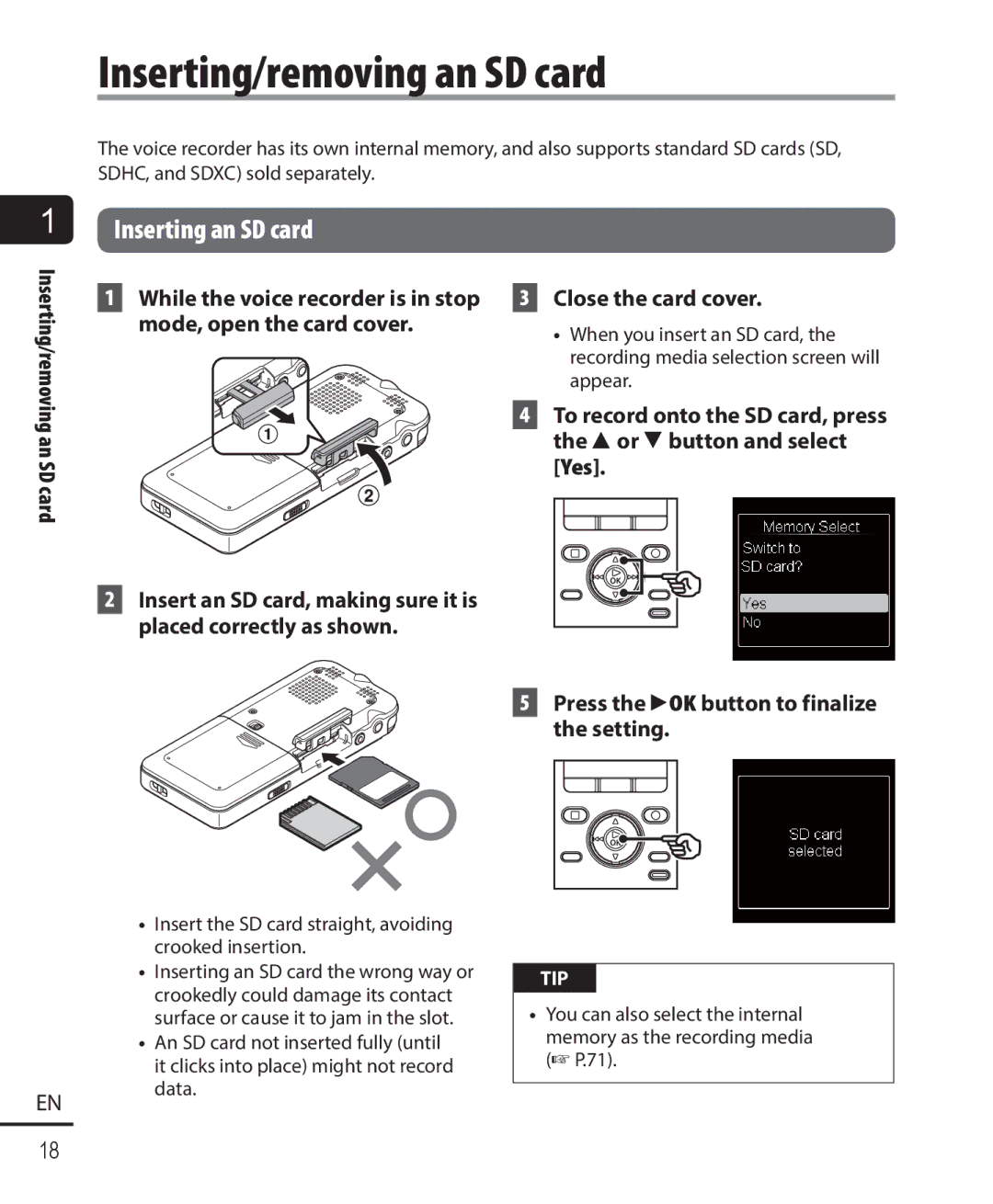 Olympus DM-901 user manual Inserting/removing an SD card, Inserting an SD card, Close the card cover 