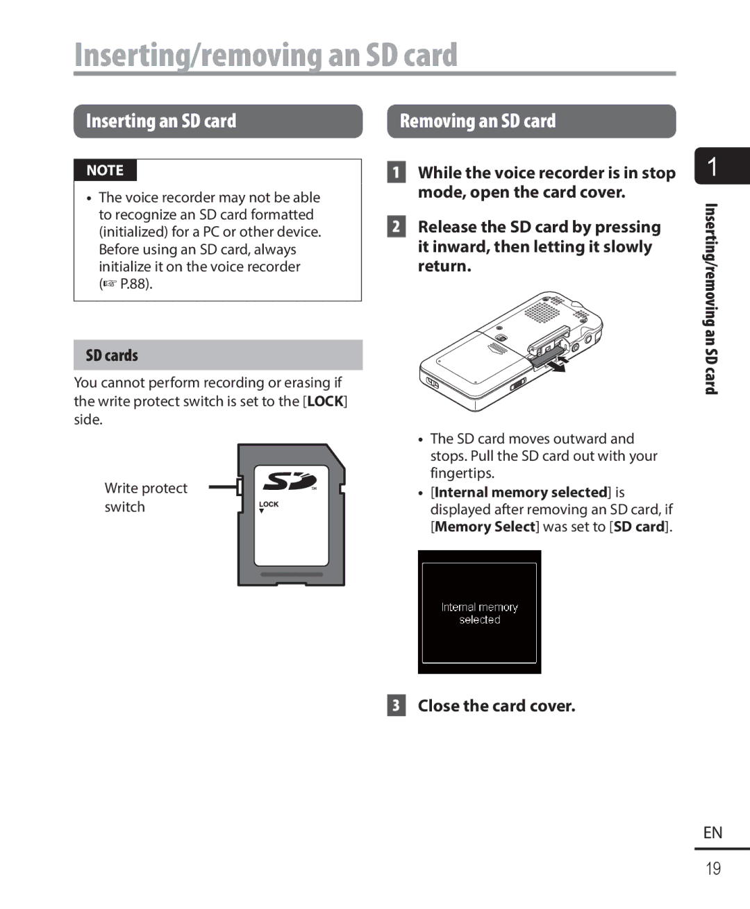 Olympus DM-901 user manual Inserting/removing an SD card, Removing an SD card, SD cards 